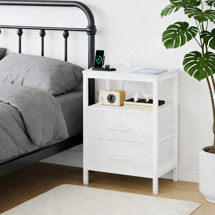 Beddle Nightstand with Charging Station, LED Bedside Table with Fabric Drawer, End Table for Bedroom, Living Room