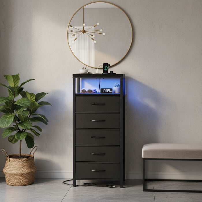 Betcozy Nightstand with Light, Bedside End Table with Charging Station &5 Fabric Drawers, Adjustable Feet and Variable Light Strip, Black