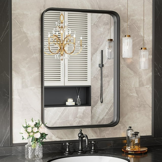 Blorly Black Bathroom Vanity Mirror for Wall, 22x30 Inch Metal Framed Wall Mirror Farmhouse Rectangle, Anti-Rust, Tempered Glass, Hangs Horizontally or Vertically