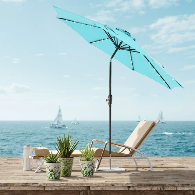 Blorly 10FT Solar Patio Umbrella with 32 LED Lights, Outdoor Umbrellas with Push Button Tilt and Crank, Tilting Table Umbrella with 8 Sturdy Ribs for Market, Beach, Pool