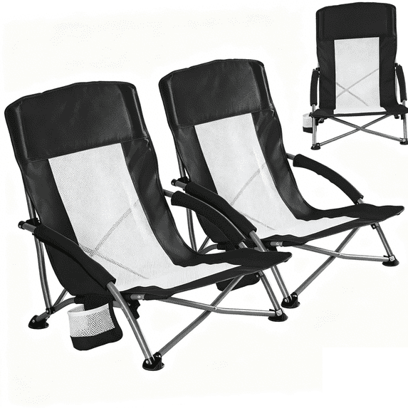 Blorly 2 PCS Low Profile Camping Chair, Breathable Mesh Folding Beach Chair, Lightweight Portable Concert Chair with Cup Holder & Armrests for Outdoor Events, Picnic, Lawn & Sand, Black