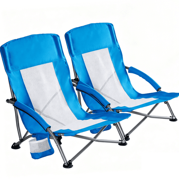 Blorly 2 PCS Low Profile Camping Chair, Breathable Mesh Folding Beach Chair, Lightweight Portable Concert Chair with Cup Holder & Armrests for Outdoor Events, Picnic, Lawn & Sand, Green