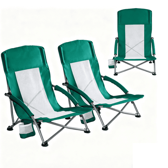 Blorly 2 PCS Low Profile Camping Chair, Breathable Mesh Folding Beach Chair, Lightweight Portable Concert Chair with Cup Holder & Armrests for Outdoor Events, Picnic, Lawn & Sand, Blue