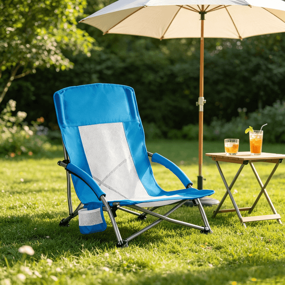 Blorly Low Profile Camping Chair, Breathable Mesh Folding Beach Chair, Lightweight Portable Concert Chair with Cup Holder & Armrests for Outdoor Events, Picnic, Lawn & Sand, Blue