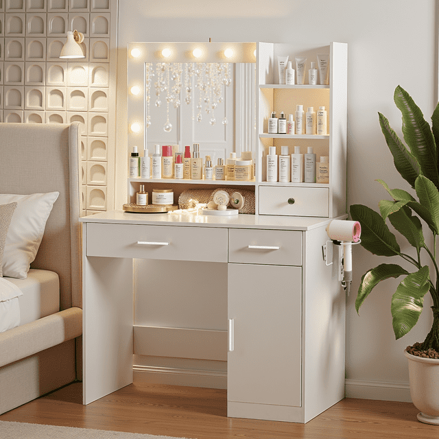 Blorly Vanity Desk with Mirror & LED Lights, Makeup Cabinet with 3 Drawers & 3 Shelves, Power Outlet & 3 Adjustable Lighting, White