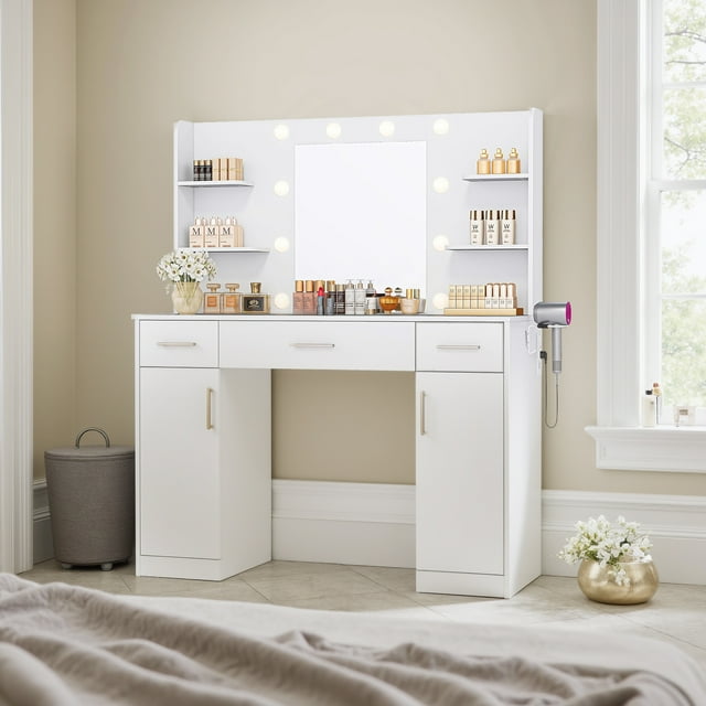 Blorly Vanity Desk with Mirror & LED Lights, Makeup Cabinet with 3 Drawers & 3 Shelves, Power Outlet & 3 Adjustable Lighting, White