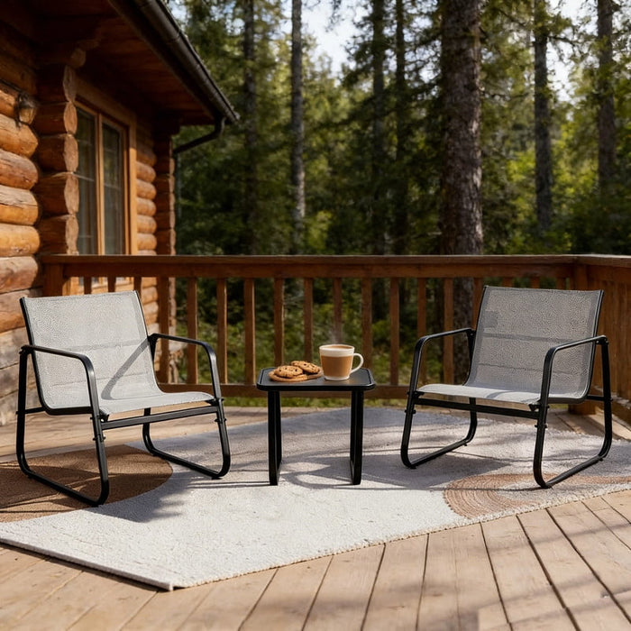 Dozzle 3-Piece Outdoor Bistro Set, Stable Stationary Chairs with Breathable Textilene Fabric, Tempered Glass Table, Non-Rocking Seating for Garden, Pool, Deck, Gray