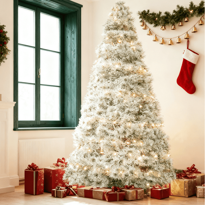 Dozzle 7.5ft Pre-Lit Snow Flocked Christmas Tree - 450 Warm White LEDs & 1000 Branch Tips | Perfect for Home, Office & Holiday Decor