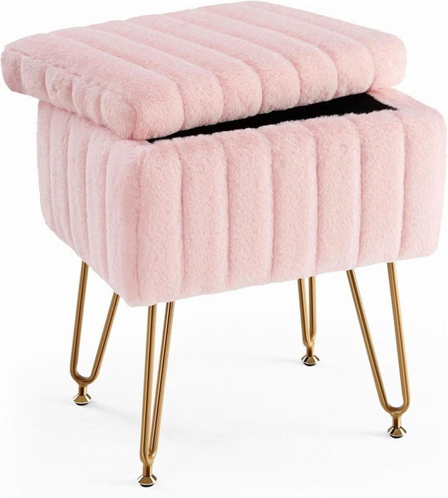 Dozzle Faux Fur Makeup Bench – Adjustable, Anti-Slip Storage Ottoman Stool，Pink