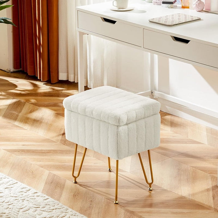 Dozzle Faux Fur Makeup Bench – Adjustable, Anti-Slip Storage Ottoman Stool，White