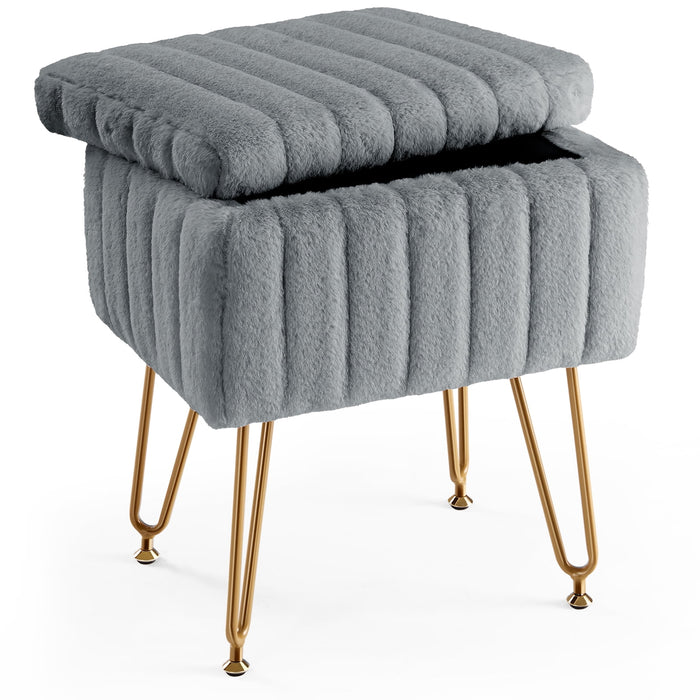 Dozzle Faux Fur Storage Ottoman, Multifunctional Foot Stool Sofa Bench, Fluffy Vanity Makeup Stool for Bedroom Living Room, Gray
