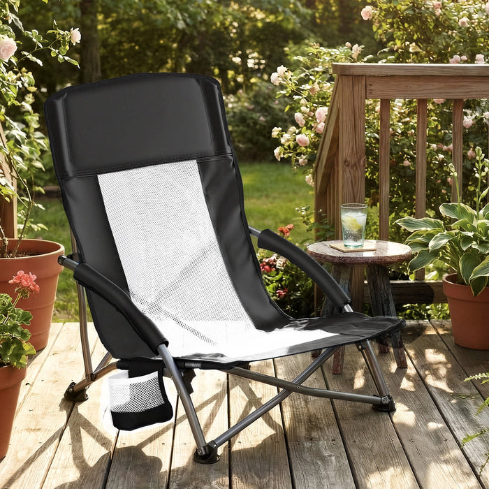 Dozzle Lightweight Portable Folding Camping Chair with Breathable Mesh Back, 250Lbs Capacity, Side Pocket and Carry Bag, Ideal for Outdoor Hiking, Picnics and Beach - Black