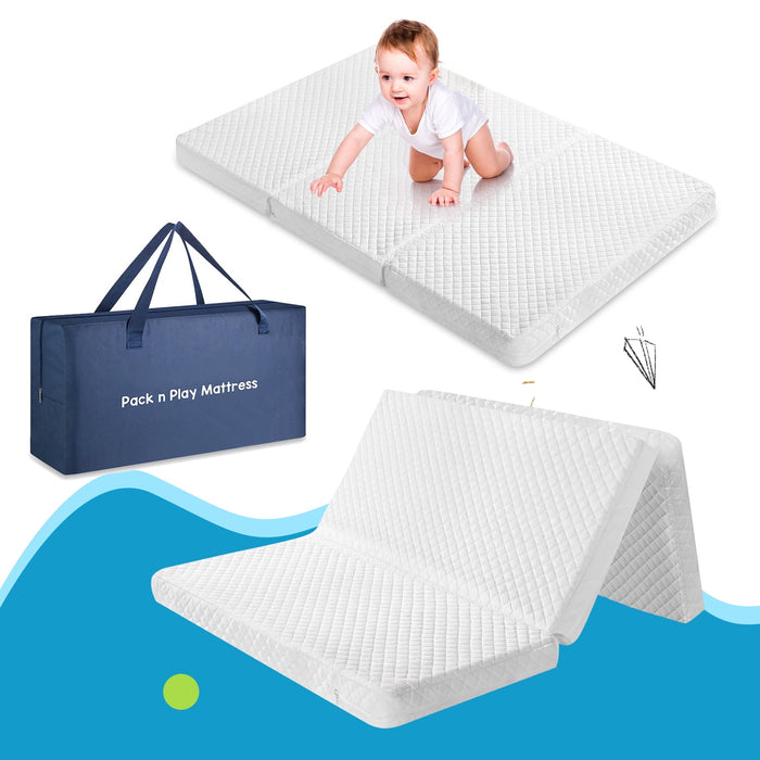 Dual-Sided Mattress Pad, Tri-fold Portable Mini Crib Mattress for Baby & Toddlers with Washable Cover & Storage Bag,38"x26"