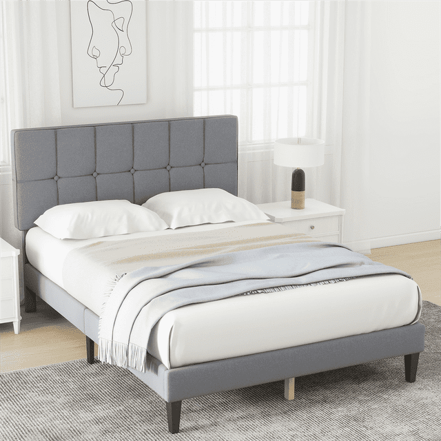 Bed Frames with Headboard, Upholstered Platform Bed with Wood Slats 800 lbs Support , Noise Free, No Box Spring Needed, Gray