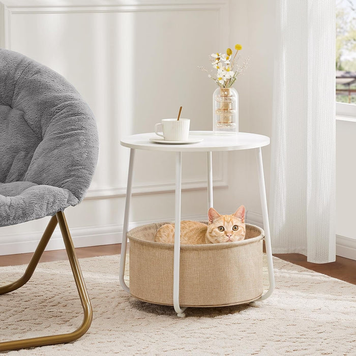 End Table 2-Tier Round Side Table with Fabric Basket and Metal Industrial Wood Bed Side Table/Night Stand ,White