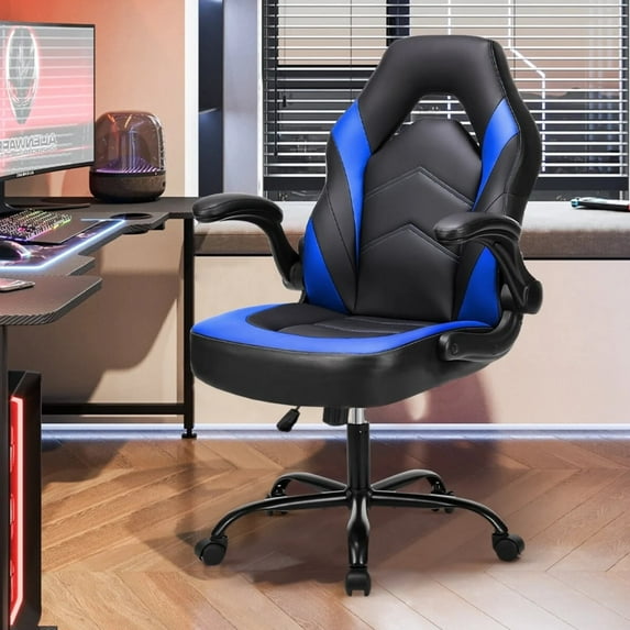 Ergonomic Gaming Chair, High Back PU Leather Computer Desk Chair with Lumbar Support, Flip-up Armrests & Adjustable Height