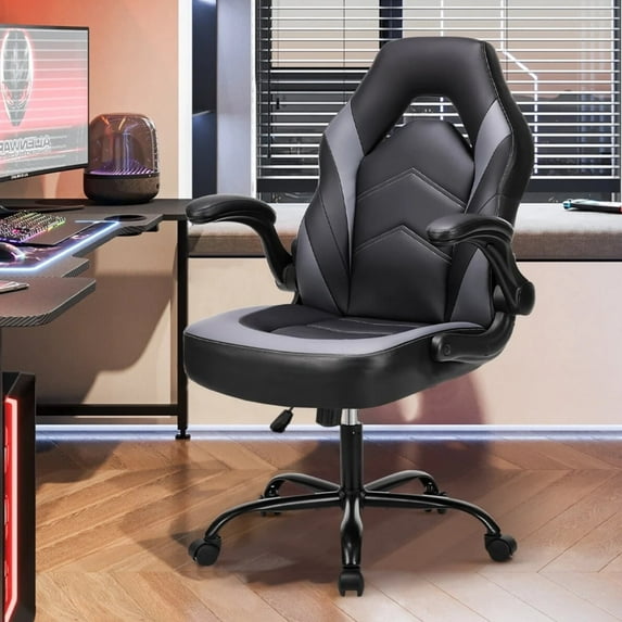 Ergonomic Gaming Chair, High Back PU Leather Computer Desk Chair with Lumbar Support, Flip-up Armrests & Adjustable Height