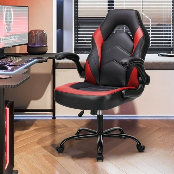Ergonomic Gaming Chair, High Back PU Leather Computer Desk Chair with Lumbar Support, Flip-up Armrests & Adjustable Height