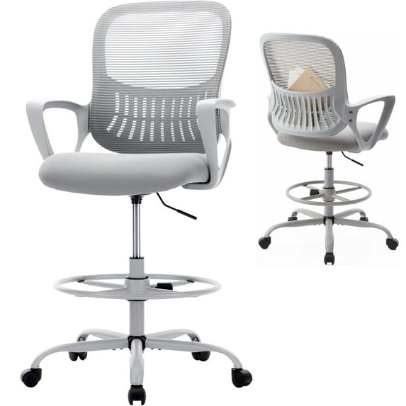 Ergonomic Tall Drafting Chair, Height-Adjustable Office Desk Chair with Fixed Armrests, Lumbar Support, Footrest & Rolling Wheels for Standing Desk