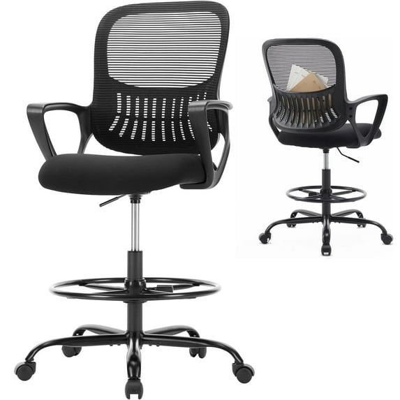 Ergonomic Tall Drafting Chair, Height-Adjustable Office Desk Chair with Fixed Armrests, Lumbar Support, Footrest & Rolling Wheels for Standing Desk