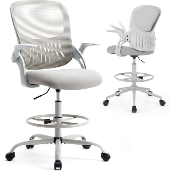 Ergonomic Tall Drafting Chair, Height-Adjustable Office Desk Chair with Fixed Armrests, Lumbar Support, Footrest & Rolling Wheels for Standing Desk