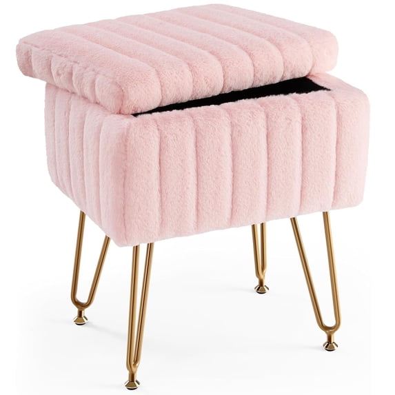 Parcus Faux Fur Vanity Stool with Storage, 16"L x 12.2"W x 18.9"H, Makeup Ottoman Chair with Padded Seat, 4 Metal Legs & Adjustable Anti-Slip Feet