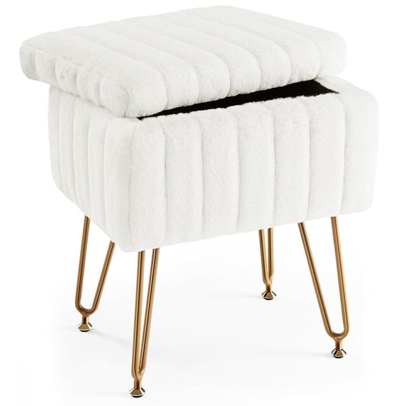Parcus Faux Fur Vanity Stool with Storage, 16"L x 12.2"W x 18.9"H, Makeup Ottoman Chair with Padded Seat, 4 Metal Legs & Adjustable Anti-Slip Feet