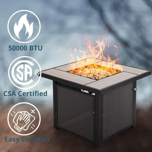 Fire Pit TablePropane Fire Pit Table, Outdoor Gas Fire Pits Clearance, 32 Inch 50,000 BTU with Tabletop, Lid, Lava Rocks for Outside Patio, Garden, Deck, Yard