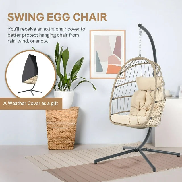 Foldable Hanging Wicker Egg Swing Chair and Weather Cover, Outdoor Patio Hanging Chairs with Stand, Wicker Rattan Basket with Cushion for Bedroom, Patio, Porch,Beige