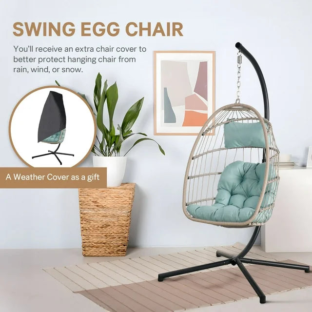 Foldable Hanging Wicker Egg Swing Chair and Weather Cover, Outdoor Patio Hanging Chairs with Stand, Wicker Rattan Basket with Cushion for Bedroom, Patio, Porch,Blue