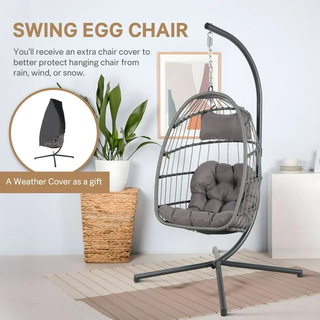 Foldable Hanging Wicker Egg Swing Chair and Weather Cover, Outdoor Patio Hanging Chairs with Stand, Wicker Rattan Basket with Cushion for Bedroom, Patio, Porch,Dark Grey