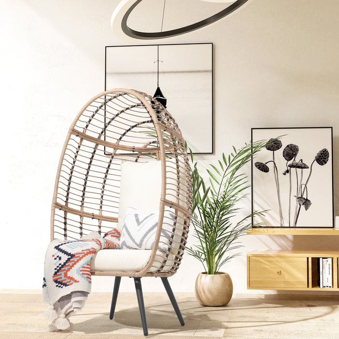 Wicker Egg Chair , Outdoor Patio Chairs with Stand, Wicker Rattan Basket with Cushion for Bedroom, Patio, Porch,Beige