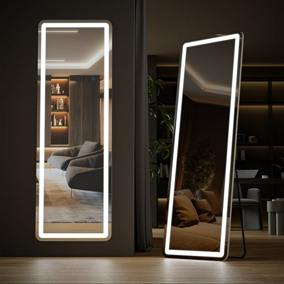 Blorly Full Length Mirror with LED Lights, 64"x21" Lighted Floor Standing Mirror with Stand