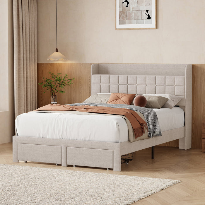 Blorly Full Size Upholstered Platform Bed Frame with 4 Storage Drawers, Tufted Wingback Headboard with Top Storage Shelf, Heavy Duty Steel Slat Support, No Box Spring Needed, Noise-Free, Beige Linen
