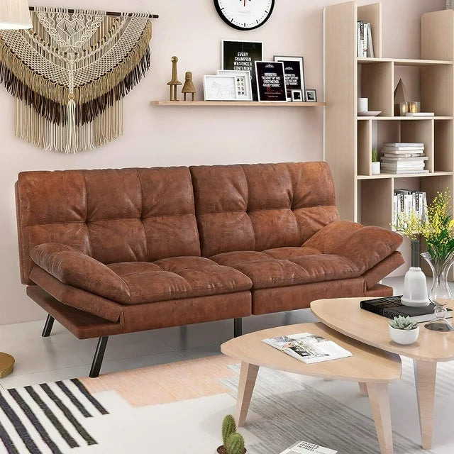 Futon Sofa Bed/ Bed Couch, Convertible Sofa Bed, Memory Foam Futon Couch, Adjustable Sleeper Sofa, Leather, Brown