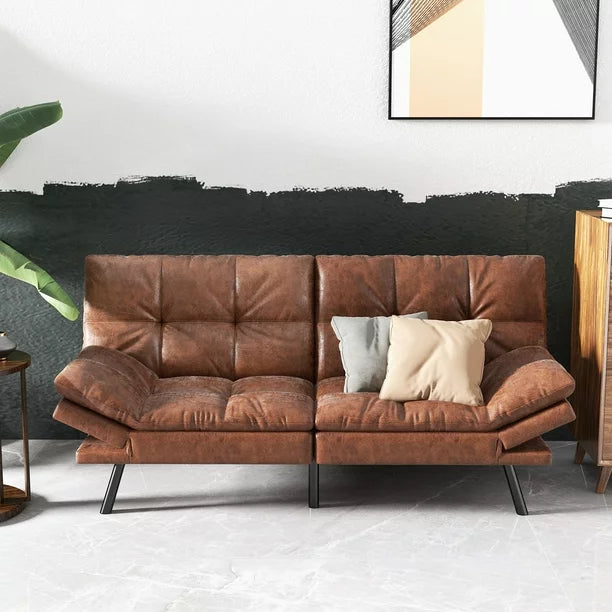 Futon Sofa Bed/ Bed Couch, Convertible Sofa Bed, Memory Foam Futon Couch, Adjustable Sleeper Sofa , Leather, Brown
