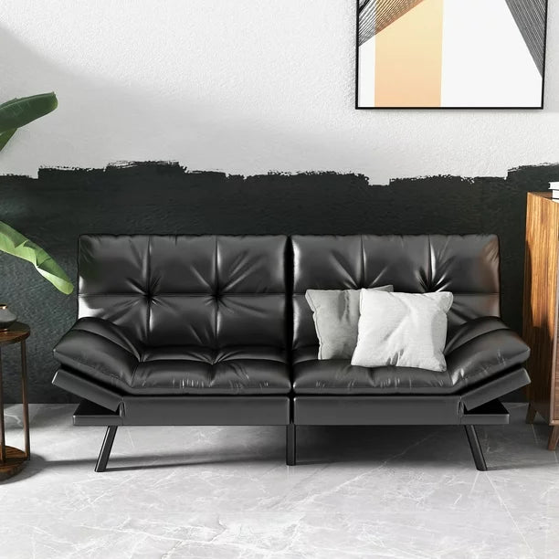 Futon Sofa Bed, Convertible Sofa Bed, Memory Foam Futon Couch, Adjustable Sleeper Sofa bed, Leather, Black