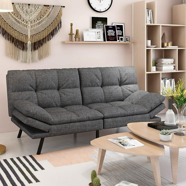 Futon Sofa Bed, Convertible Sofa Bed, Memory Foam Futon with Adjustable Armrests and Backrest, Dark Gray