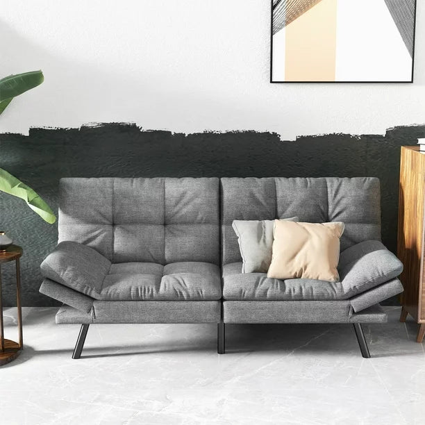 Futon Sofa Bed, Convertible Sofa Bed, Memory Foam Futon with Adjustable Armrests and Backrest, Dark Gray