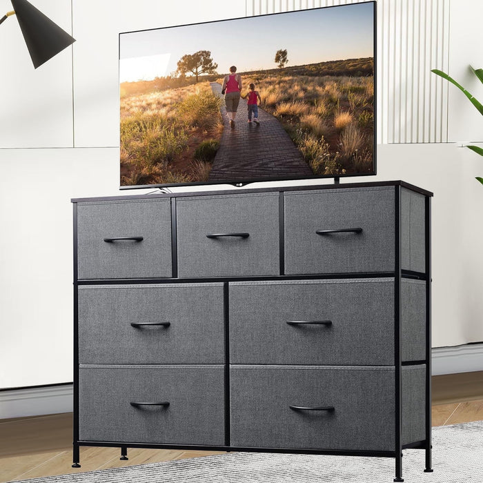 TINKLE WELL 7 Drawers Dresser, Modern Simple TV Cabinet with Storage Drawers, Fabric TV Console, Media Gaming Stand for Living Room, Bedroom