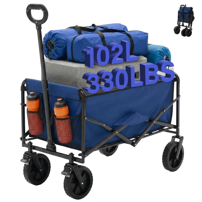 Blorly Heavy Duty Collapsible Folding Wagon, 102L All Terrain Utility Cart with Removable Wheels & Brakes, Adjustable Handle Mesh Pockets Beach Wagon for Camping Grocery Shopping Garden, Blue