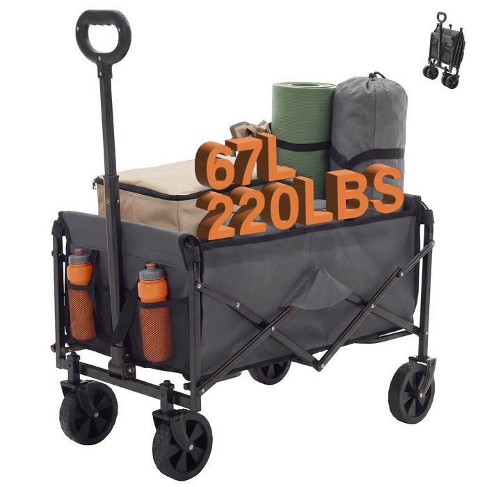 Blorly Heavy Duty Collapsible Folding Wagon, 67L All Terrain Utility Cart with Removable Wheels & Brakes, Adjustable Handle Mesh Pockets Beach Wagon for Camping Grocery Shopping Garden, Gray