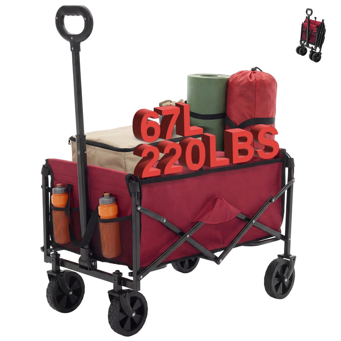 Blorly Heavy Duty Collapsible Folding Wagon, 67L All Terrain Utility Cart with Removable Wheels & Brakes, Adjustable Handle Mesh Pockets Beach Wagon for Camping Grocery Shopping Garden, Red