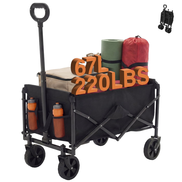 Blorly Heavy Duty Collapsible Folding Wagon, 67L All Terrain Utility Cart with Removable Wheels & Brakes, Adjustable Handle Mesh Pockets Beach Wagon for Camping Grocery Shopping Garden, Black