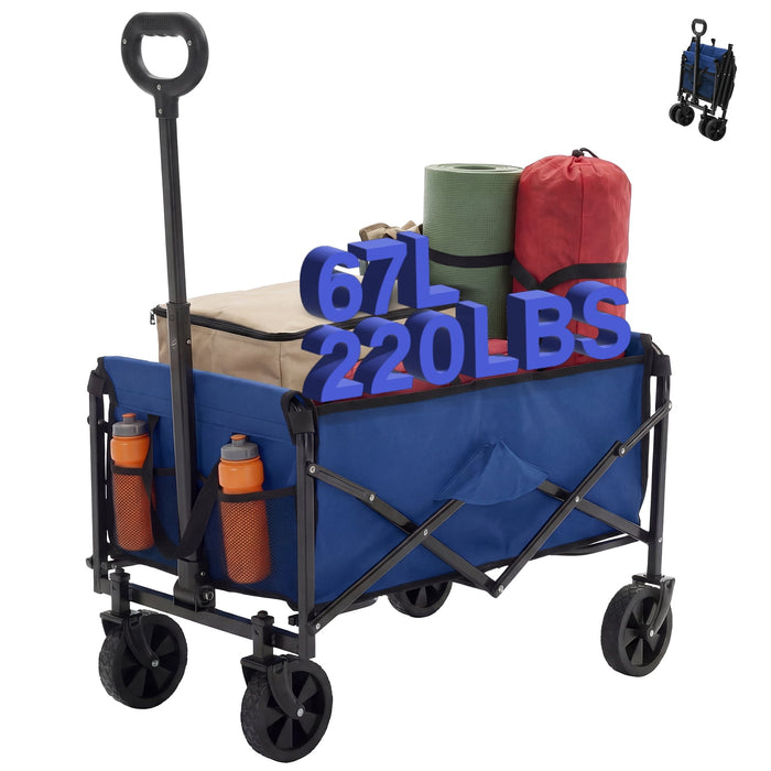 Blorly Heavy Duty Collapsible Folding Wagon, 67L All Terrain Utility Cart with Removable Wheels & Brakes, Adjustable Handle Mesh Pockets Beach Wagon for Camping Grocery Shopping Garden, Blue