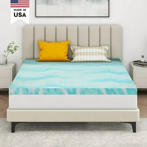 4 Inch Queen Cooling Memory Foam Shell Mattress Topper/ Pad/ Cushion,Cooling Gel Infused Mattress Topper, Box/ Crate packed, Soft,Blue,Made in USA