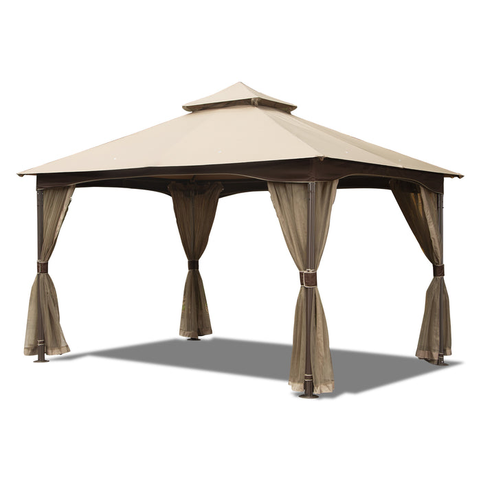 Yangming 10x13ft Gazebo with Mosquito Netting,Waterproof Double-Roof Canopy,Metal Frame Canopies, Brown