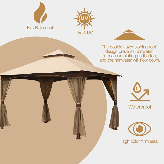 Yangming 10x13ft Gazebo with Mosquito Netting,Waterproof Double-Roof Canopy,Metal Frame Canopies, Brown
