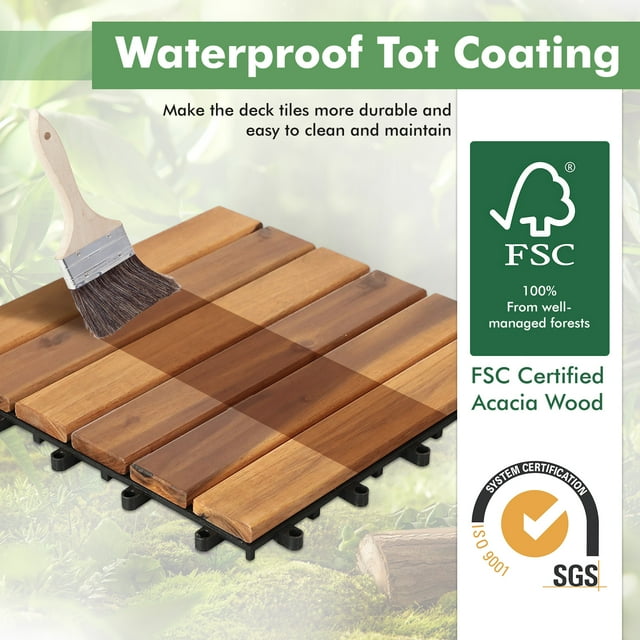 Interlocking Flooring Tiles, 12''x12'' (10pcs), Wood Patio Deck Tiles For Pool, Garden, Garden Pathway, Balcony Decor