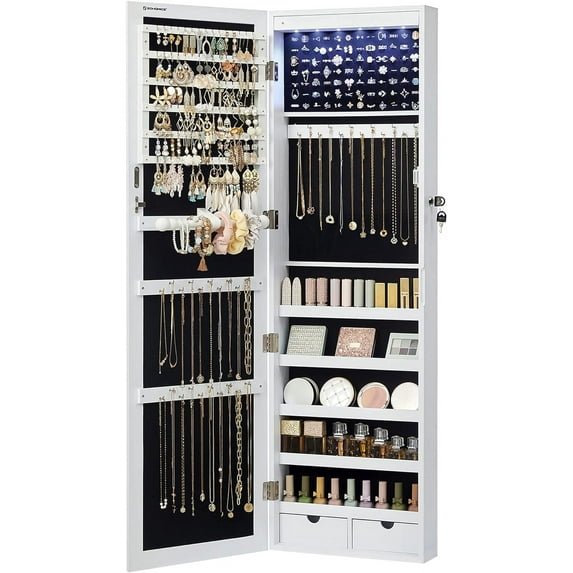 Blorly Jewelry Cabinet Organizer with Mirror, Wall or Door Mounted Jewelry Storage, 47.2 Inch Large Capacity Armoire with 6 LEDs Secure Lock, White